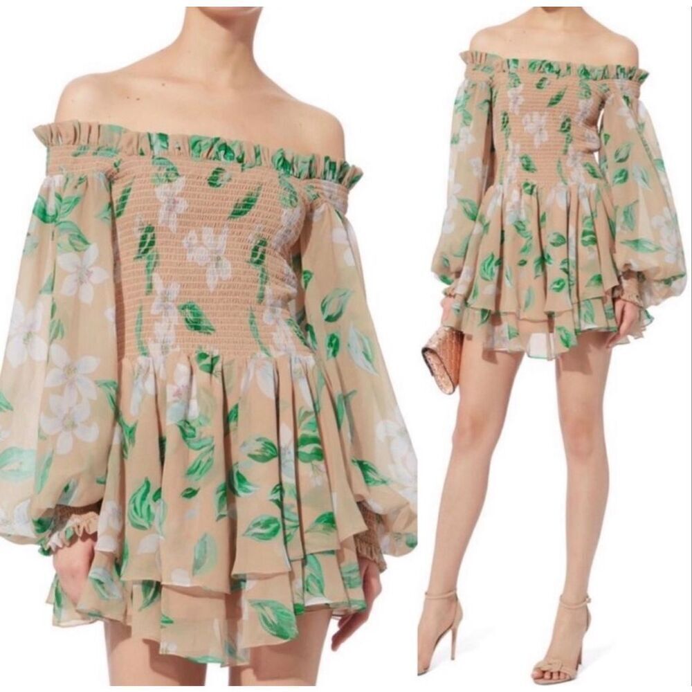 Caroline Constas Peach Floral Smocked Mini Dress Square Neck Long Sleeve Small
